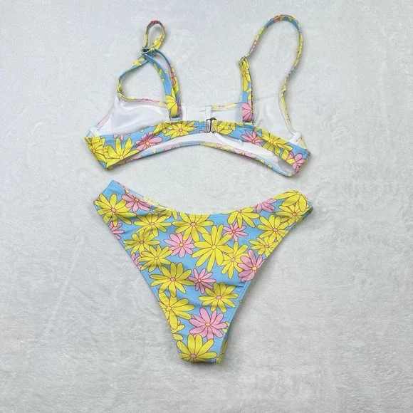 Shien Bikinx Bikini Swimsuit XS Blue Yellow Floral High Cut Cheeky Beach Summer - Picture 5 of 11